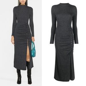 Sandro black fabre ruched wool blend midi leg slit dress